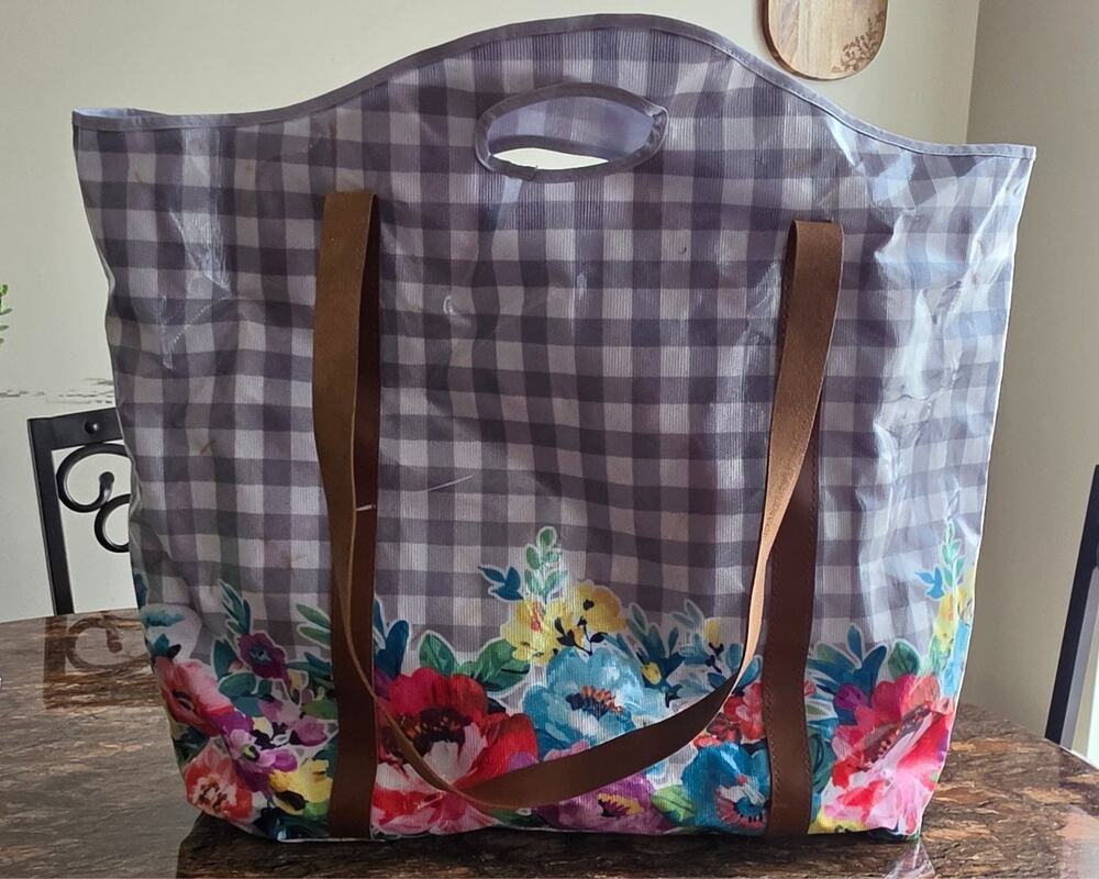 The Pioneer Woman Large Floral Gingham Tote Bag Gray Brown Handles Oversized